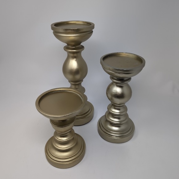 Valerie Parr Hill Set of 3 Wood Pedestal Candle Holders Gold Tone Decorative - Picture 5 of 6